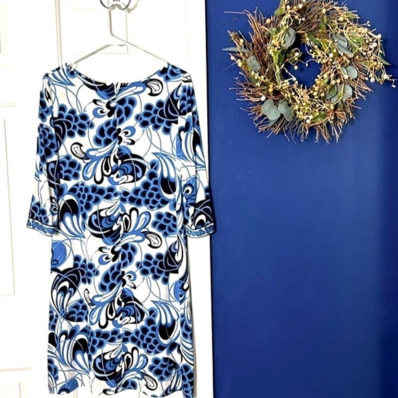 Women’s Averardo-Bessi Italian Made Floral Blue Black & White Mid Length Dress - Picture 5 of 9